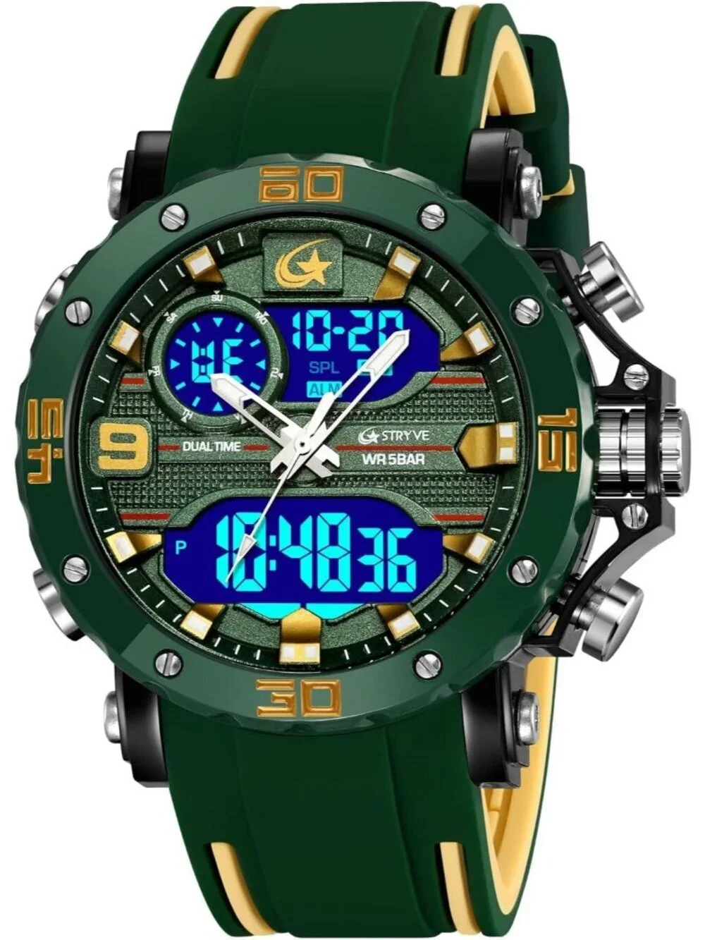 Men's Green Analog Quartz Silicone Band Waterproof Multifunction Digital Watch